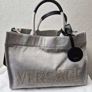 Versace La Medusa Canvas Tote Bag with Studded Logo